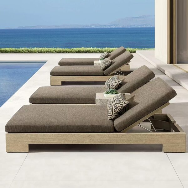 Factory Hot Selling Outdoor Teak Wicker Deck Chair Villa Hotel Garden Sunbathing Woven Rattan Sofa Terrace Pool Deck Bed