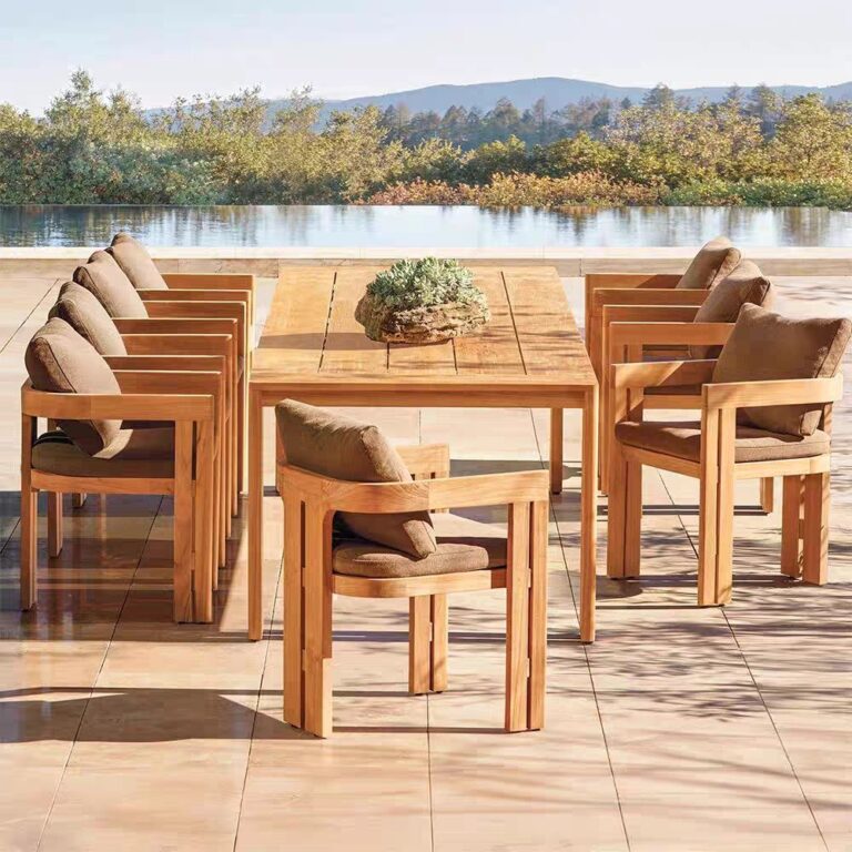 Outdoor dining table with chairs set wood furniture large dining set teak armchair